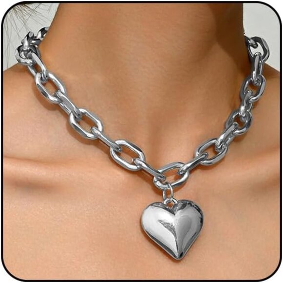 Jewelry - Chunky Heart Necklace Gold Statement Necklace for Women Big Puffy Heart Necklace